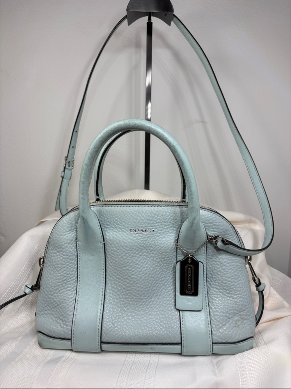 Coach Bleecker Mini Preston Satchel in Sea Mist Pebbled Leather with Strap